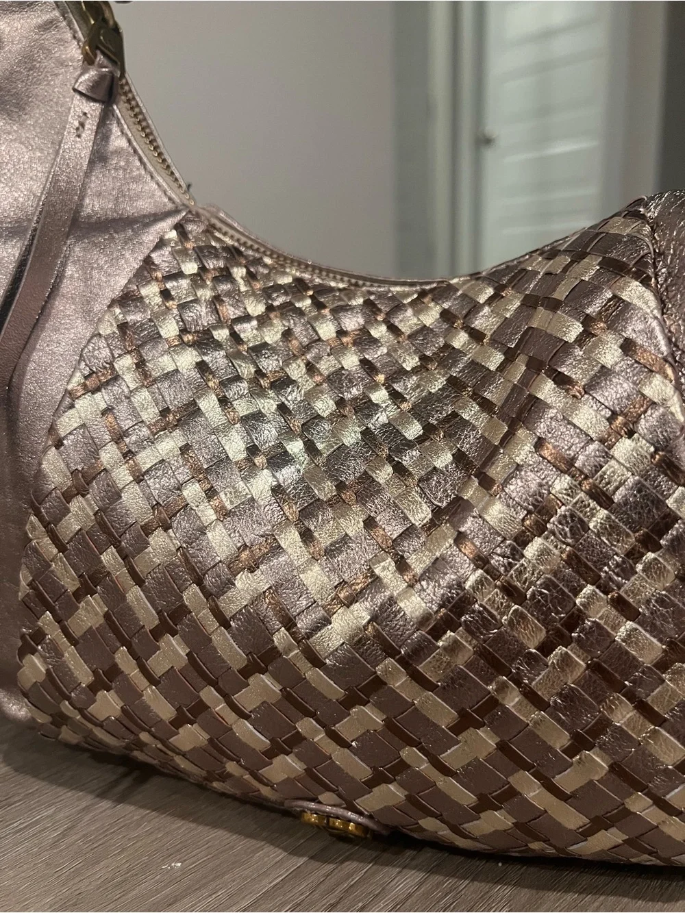 Elliott Lucca Metallic Taupe & Silver Woven Hobo